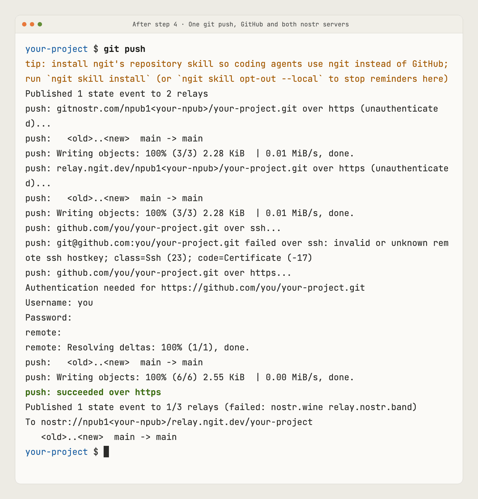 One git push updating GitHub and both nostr servers